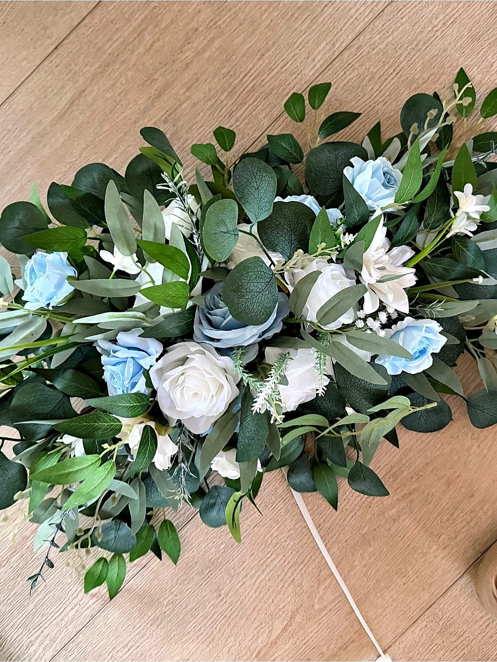 Faux Floral Arrangement in Green & Blue and white roses Like New
